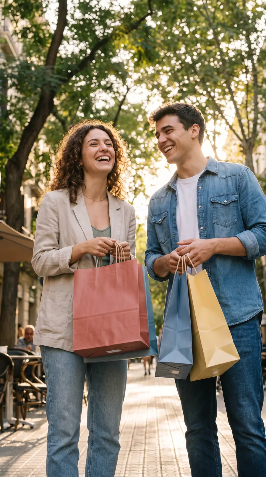 Friends laughing on a sunny street, carrying shopping bags