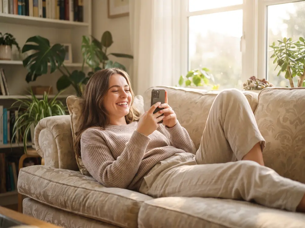 Young woman smiling at her phone on the couch